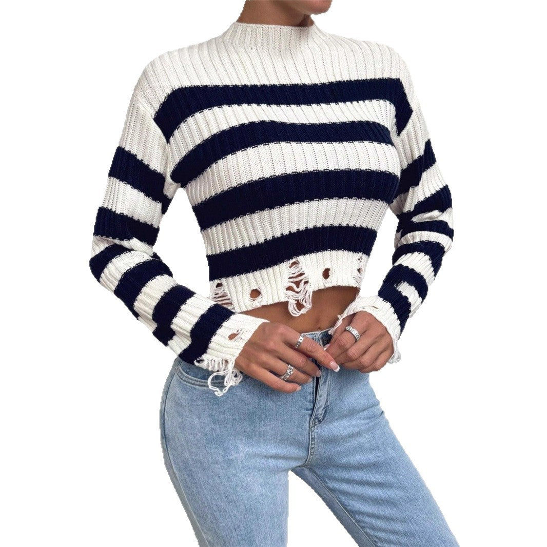 Dames Cropped Pull avec des rayures stylées et des détails usés Chic und Stil