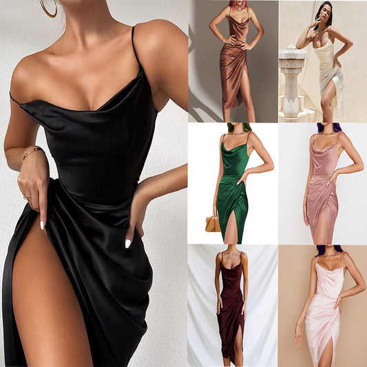 Robe de cocktail en satin élégante et près du corps pour dames avec une fente haute Chic und Stil
