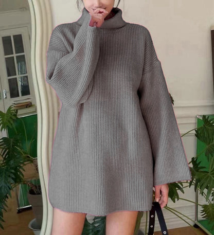 Dames Pull en tricot long avec col montant et manches évasées Chic und Stil
