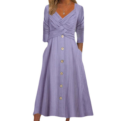 Robe midi à col boutonné pour femmes avec haut croisé élégant et stylé