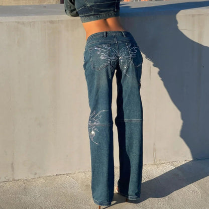 Women's denim pants with unique rhinestone applications Chic and Style