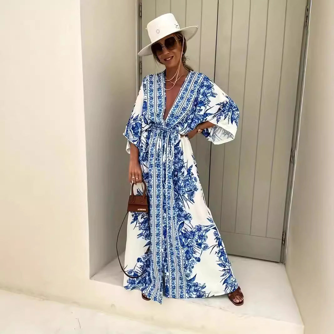 Robe maxi bohème pour femmes avec décolleté en V élégant et ceinture cintrée Chic und Stil