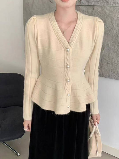 Dames élégant cardigan avec design texturé et manches bouffantes féminines Chic und Stil