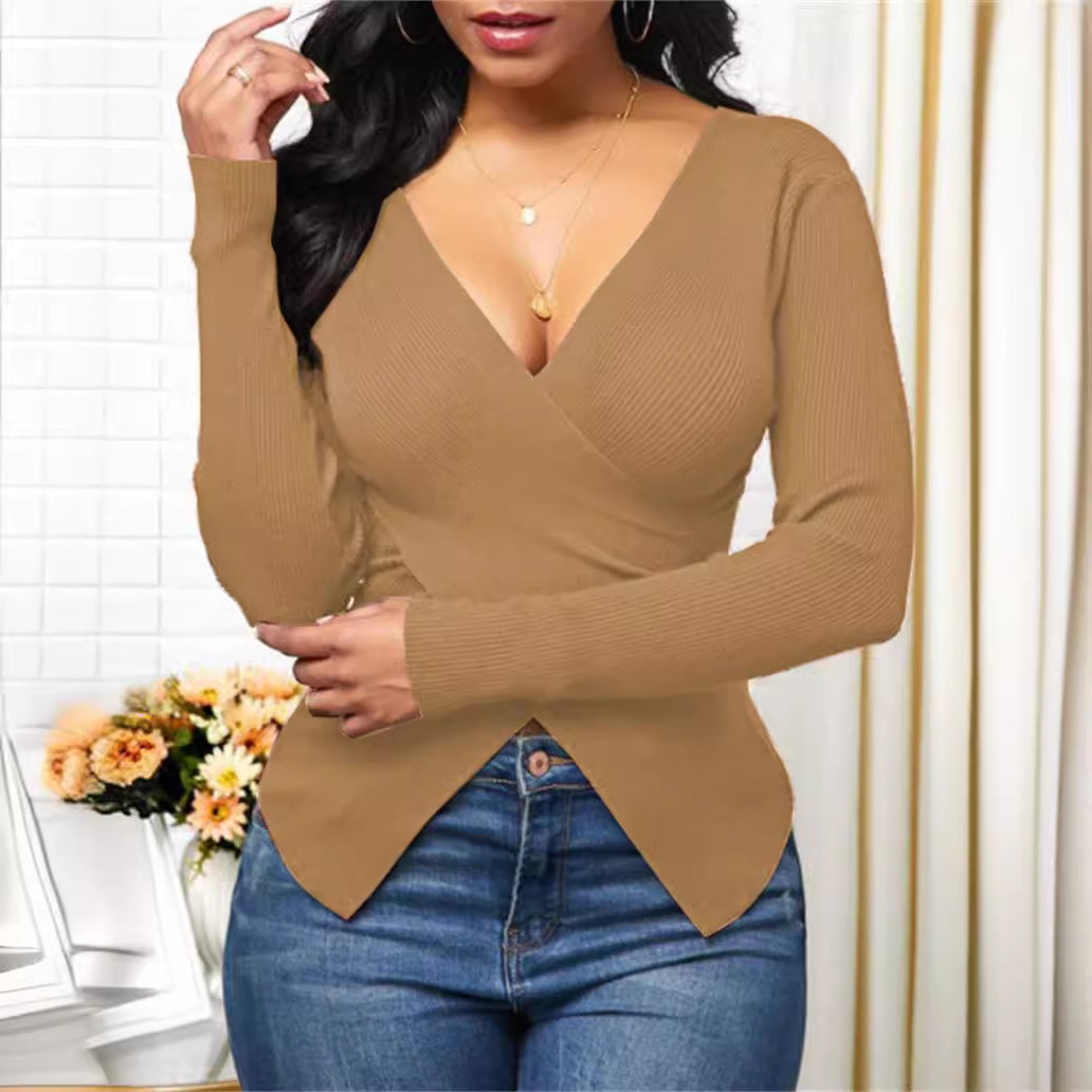 Dames élégant haut enroulé en tissu côtelé texturé et décolleté en V profond Chic und Stil