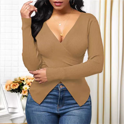 Dames élégant haut enroulé en tissu côtelé texturé et décolleté en V profond Chic und Stil
