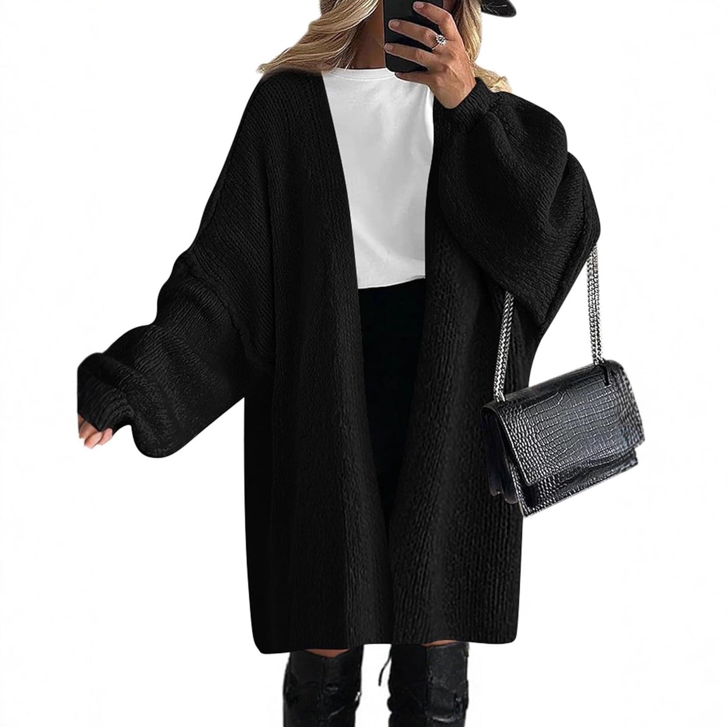 Oversized knitted coat for women with open front and long sleeves Chic and Style