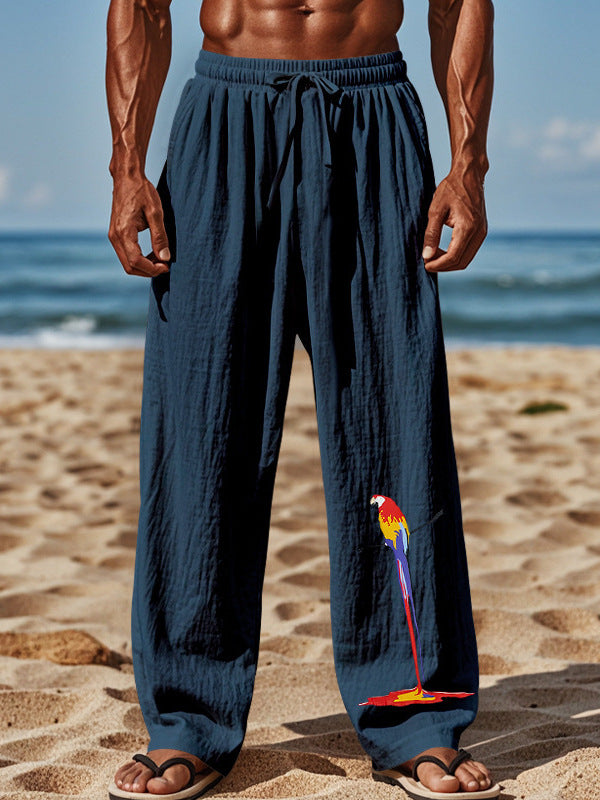 Light beach pants for men with colorful parrot design Chic and Style