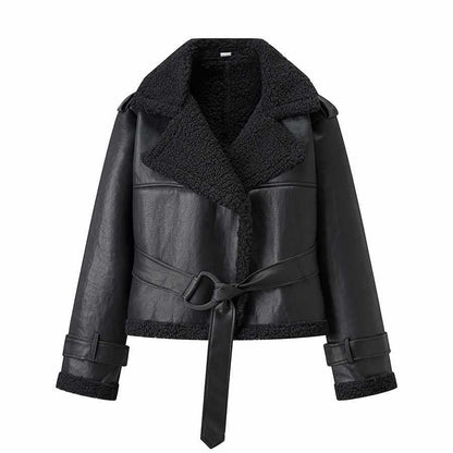 Dames élégante veste en simili cuir avec doublure en fourrure chaude et poches pratiques Chic und Stil