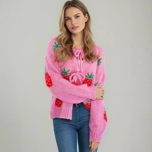 Pull femme doux avec motif de fraise fruité Chic und Stil
