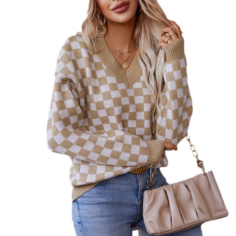 Pull femme décontracté à col en V avec motif à carreaux et coupe ample Chic und Stil