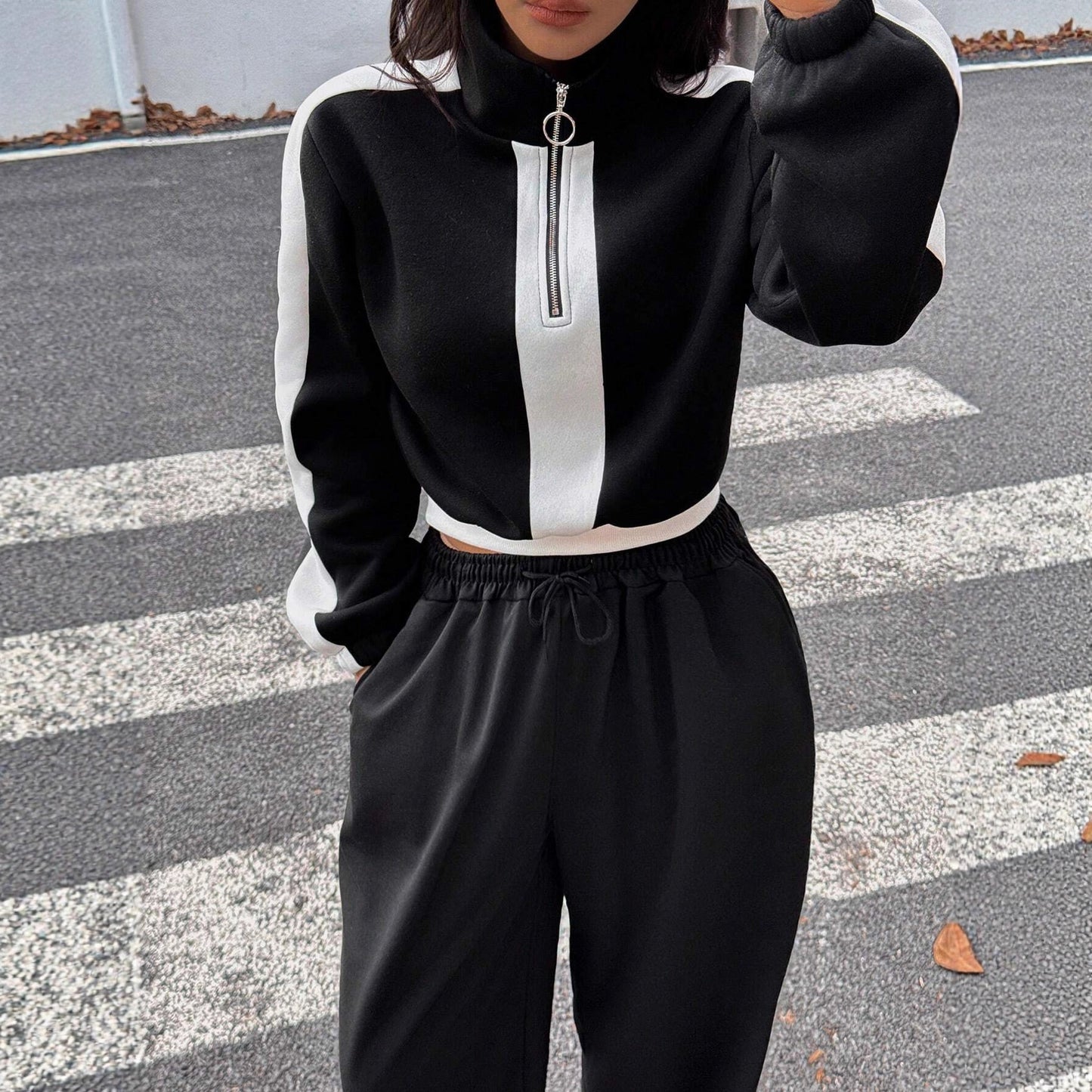 Ladies Short Sporty Hooded Sweatshirt and Casual Jogging Pants Set Chic and Style