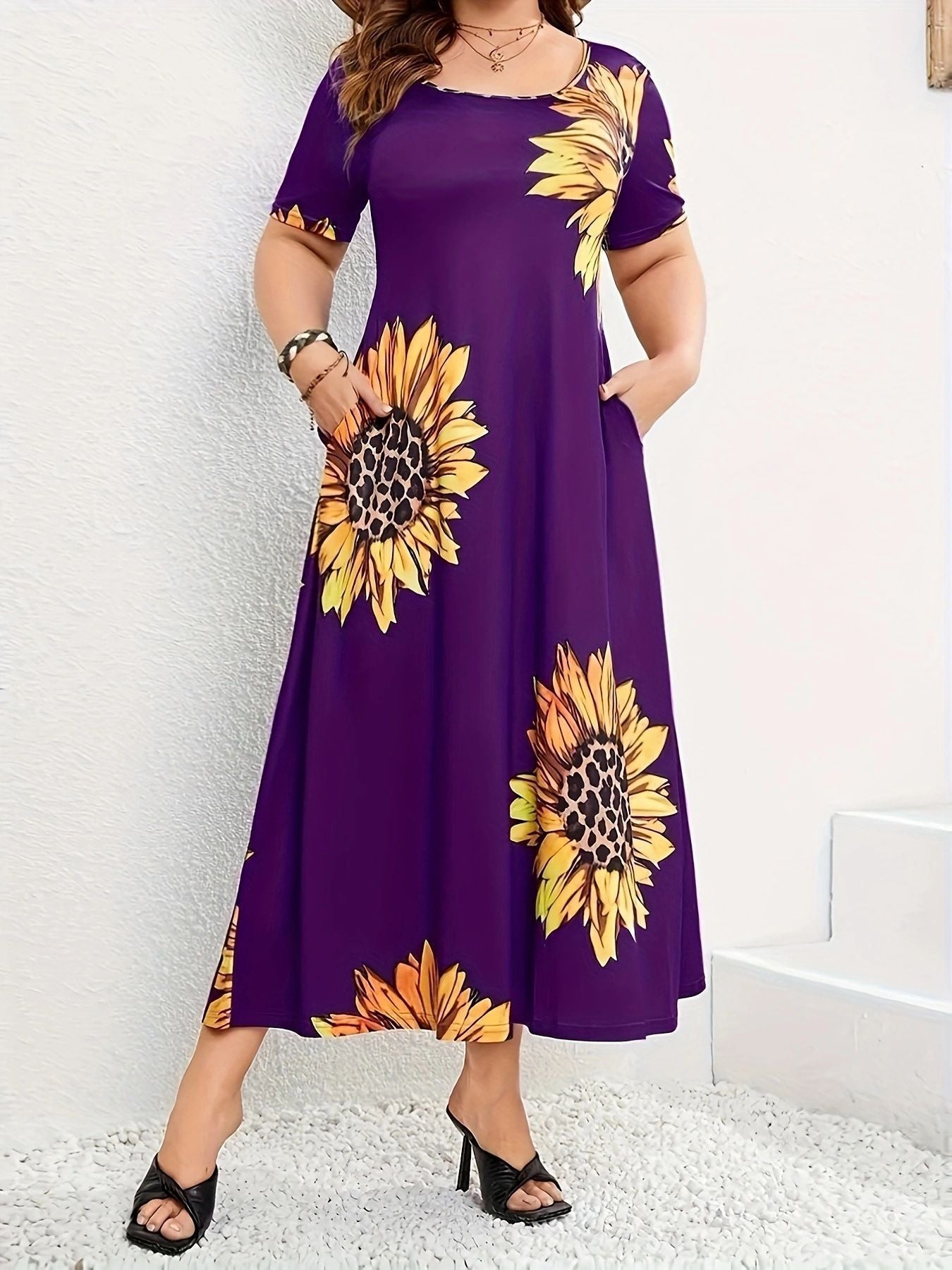 Robe maxi d'été pour femmes avec motif floral de tournesols et poches pratiques Chic und Stil