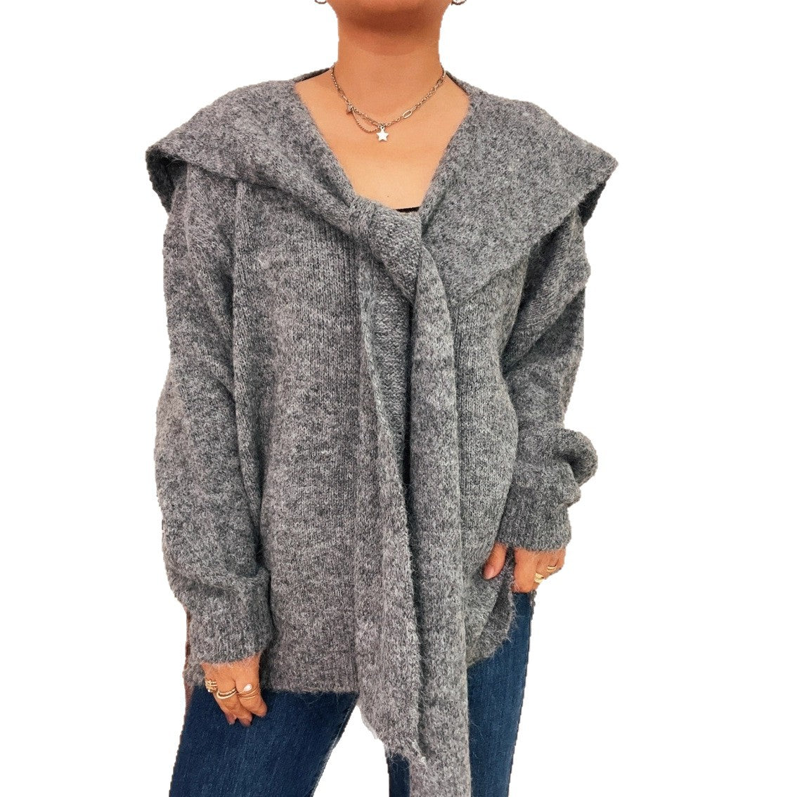 Pull de laine décontracté pour femmes avec capuche amovible et détails de boutons Chic und Stil