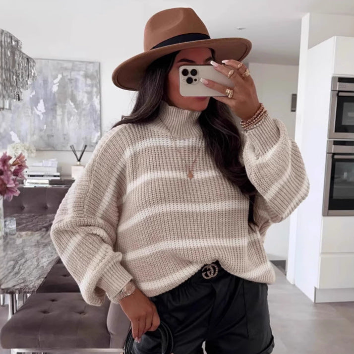 Pull oversized à rayures pour femmes avec un col roulé tendance Chic und Stil
