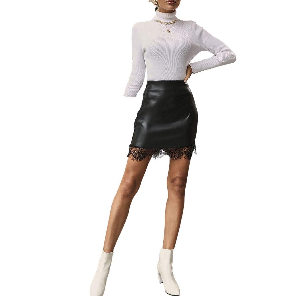 Jupe en cuir pour dames avec dentelle Chic und Stil
