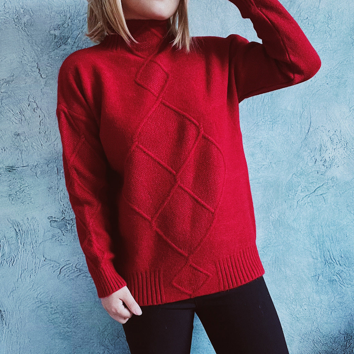 Dames gros tricot pull avec élégant motif en losanges et col haut Chic und Stil
