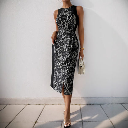 Femme Élégant Midi Robe avec Détail en Dentelle et Fente Latérale Chic und Stil