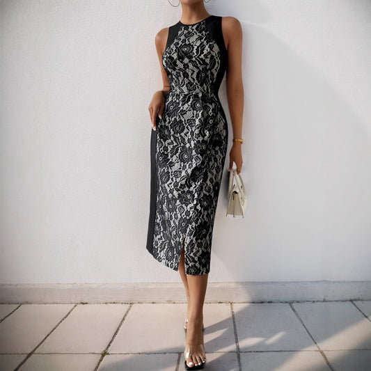Femme Élégant Midi Robe avec Détail en Dentelle et Fente Latérale Chic und Stil