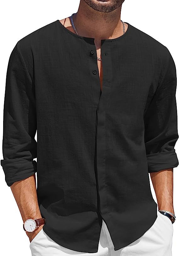 Chemise en lin pour hommes avec col montant décontracté et patte de boutonnage Chic und Stil
