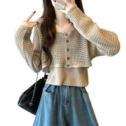 Dames cardigan décontracté en tricot avec motif en filet et fermeture à bouton Chic und Stil