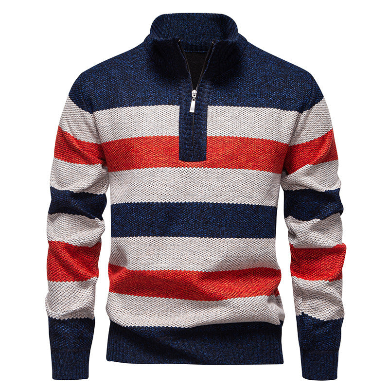 Fashionable knitted pullover for men with half-zip closure and striped pattern Chic und Stil
