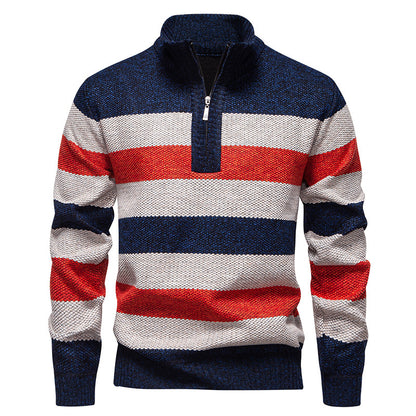 Fashionable knitted pullover for men with half-zip closure and striped pattern Chic und Stil