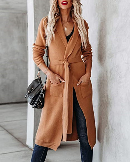 Dames élégant long Cardigan avec ceinture à la taille et poches Chic und Stil