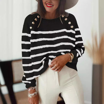 Pull en tricot décontracté pour femmes avec des rayures et des boutons décoratifs Chic und Stil