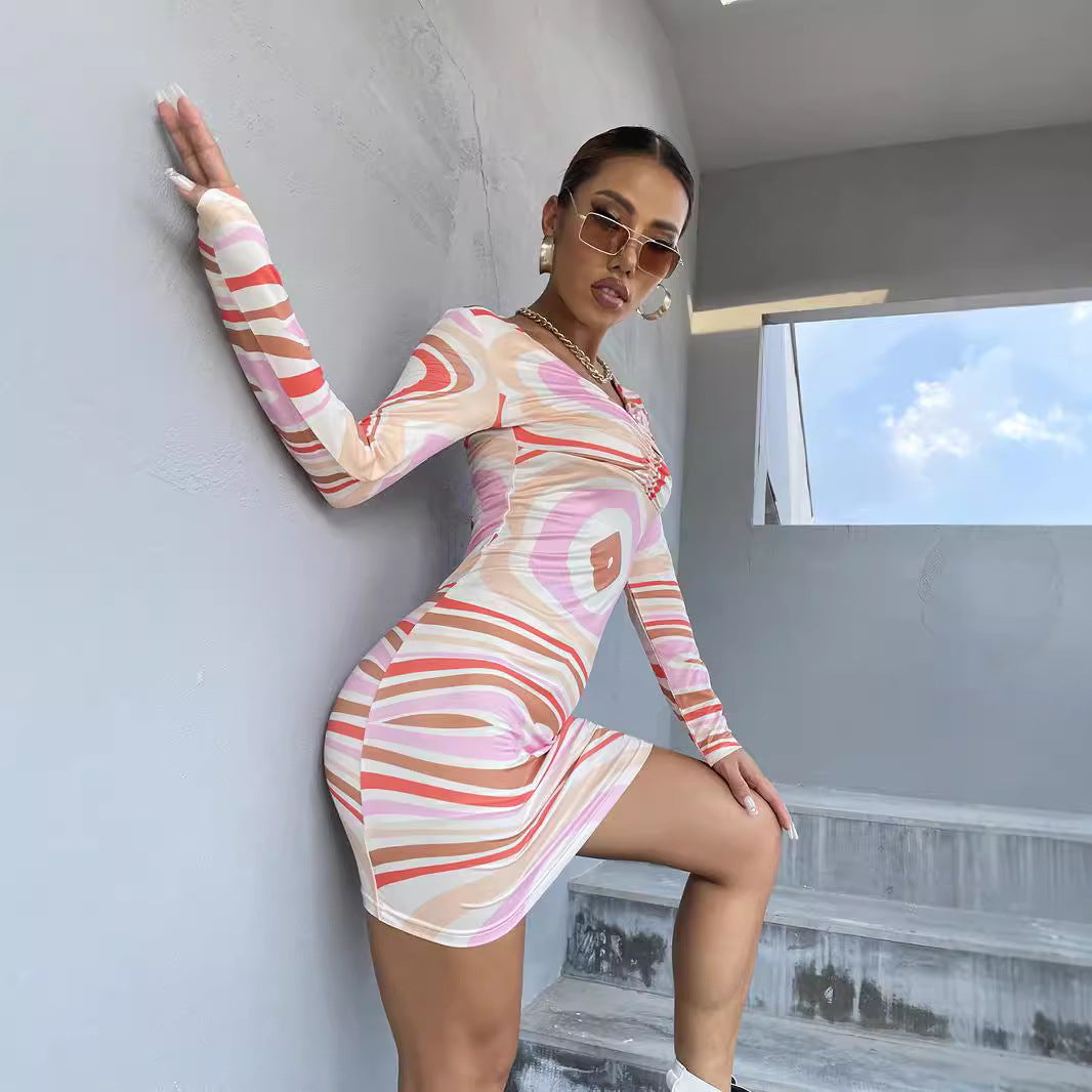 Women's Long Sleeve Abstract Print Mini Dress Chic and Style