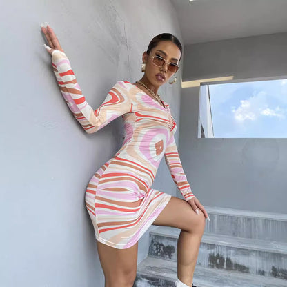 Women's Long Sleeve Abstract Print Mini Dress Chic and Style