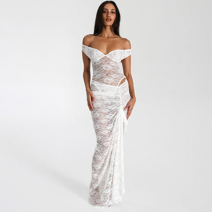 Femmes Robe maxi élégante en dentelle avec design sans épaules et détails à volants Chic und Stil