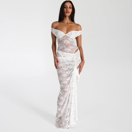 Femmes Robe maxi élégante en dentelle avec design sans épaules et détails à volants Chic und Stil