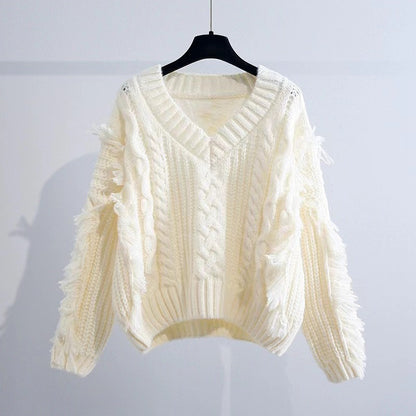 Dames gros tricot pull avec franges et décolleté en V Chic und Stil