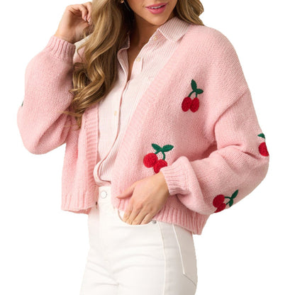 Gilet pour dames en tricot douillet avec des appliqués inspirés des cerises Chic und Stil