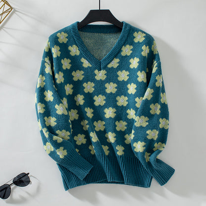 Pull en tricot pour femmes avec motif floral et décolleté en V Chic und Stil