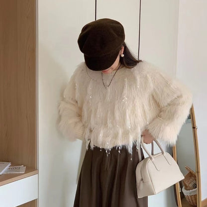 Fuzzy knit sweater for women with unique details Chic and Style