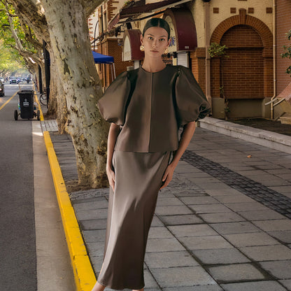 Dames Robe Midi Élégante avec Haut Texturé et Manches Volumineuses Chic und Stil