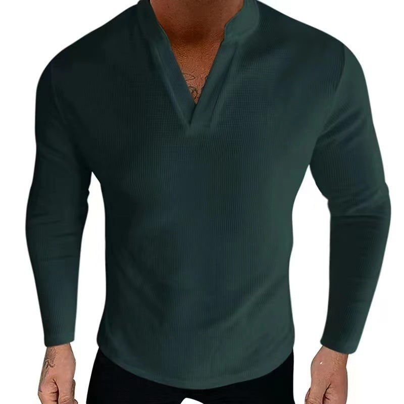 Chemise Henley à manches longues pour hommes en tissu en coton texturé avec un décolleté en V moderne Chic und Stil
