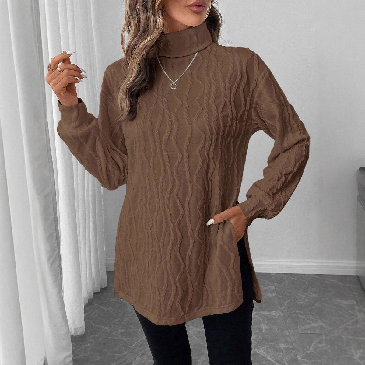 Ladies cozy turtleneck pullover with honeycomb pattern Chic and Style