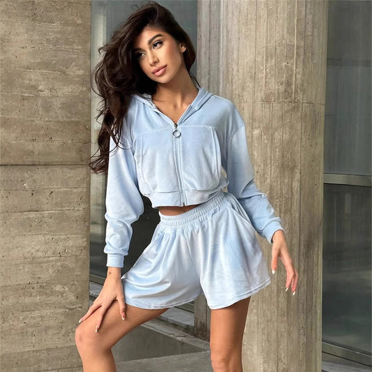 Chic and Style women's cropped velvet hoodie set and leisure shorts