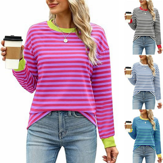 Dames Pull-over rayé décontracté à col rond Chic und Stil