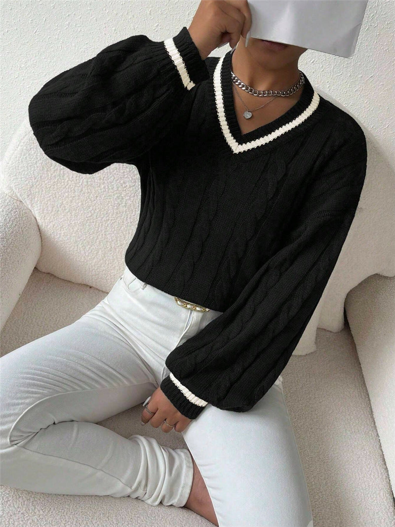 Pull en tricot pour femmes avec un décolleté en V tendance et un élégant motif en torsades Chic und Stil