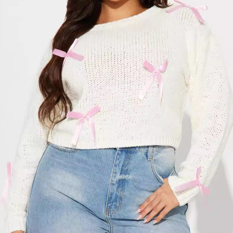 Dames Pull en tricot mignon avec applications de nœuds Chic und Stil