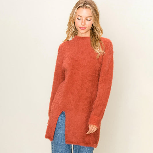 Pull long confortable pour femmes avec fentes latérales et matière douce Chic und Stil