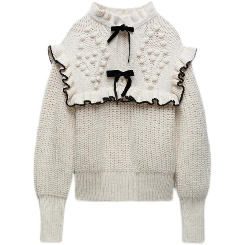 Pull en tricot femme avec col à volants et nœuds décoratifs Chic und Stil