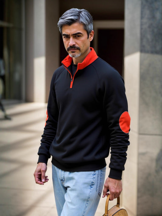 Pull en sweat-mode pour hommes avec fermeture éclair fonctionnelle et patchs contrastants aux coudes Chic und Stil