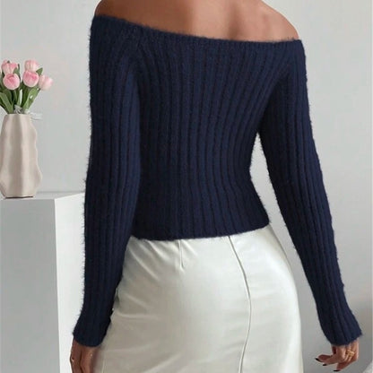 Dame Pull-over en maille off-shoulder avec structure en côtes fines et manches longues Chic und Stil