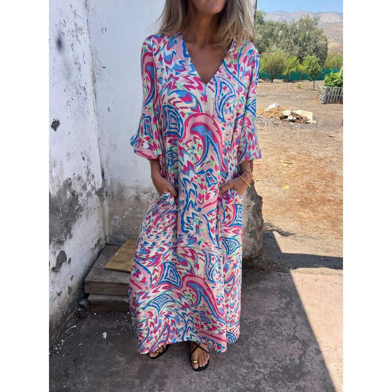 Robe maxi décontractée pour femmes avec décolleté en V et manches volumineuses Chic und Stil