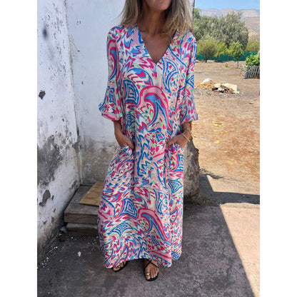 Robe maxi décontractée pour femmes avec décolleté en V et manches volumineuses Chic und Stil