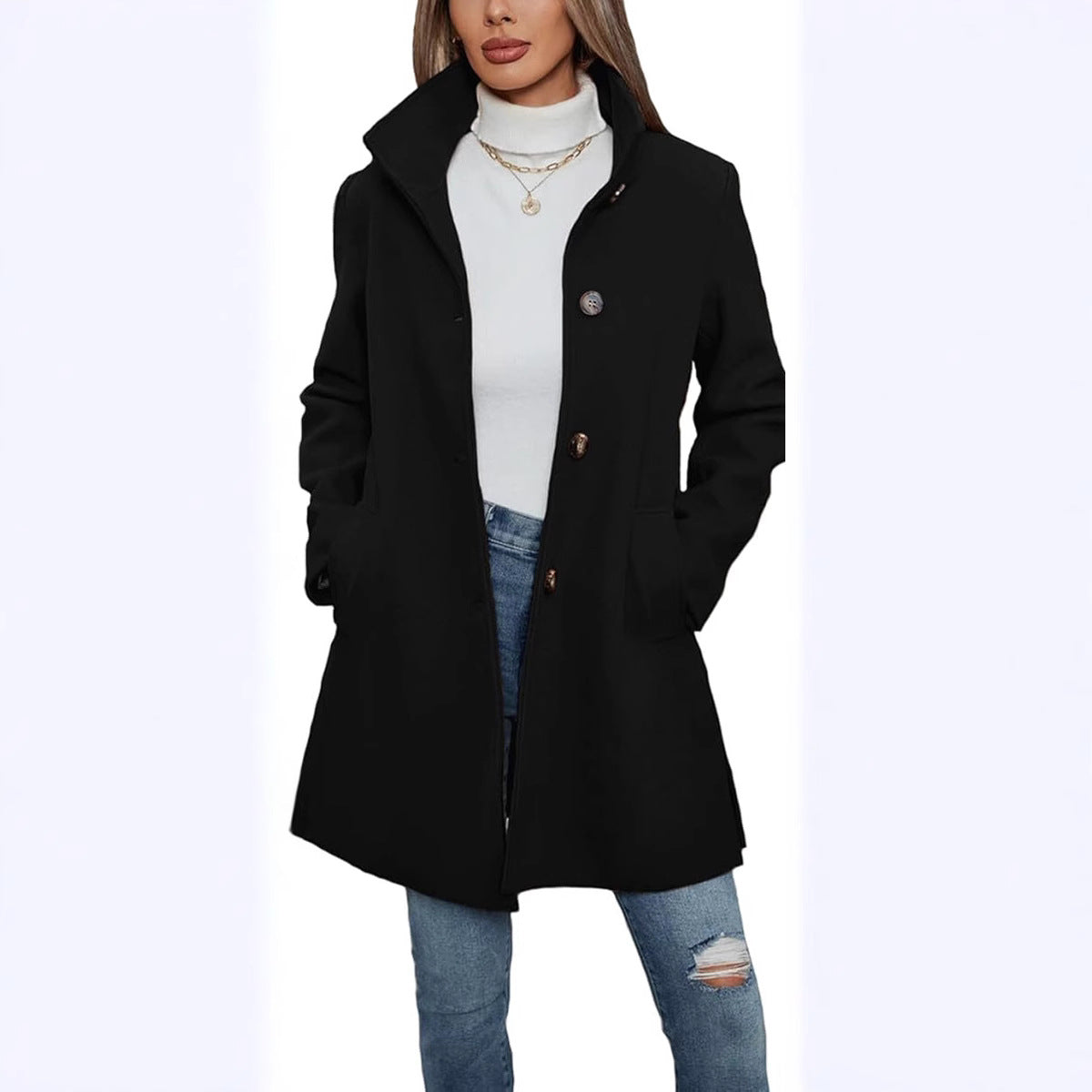 Ladies Elegant wool coat with high collar and practical pockets Chic and Style
